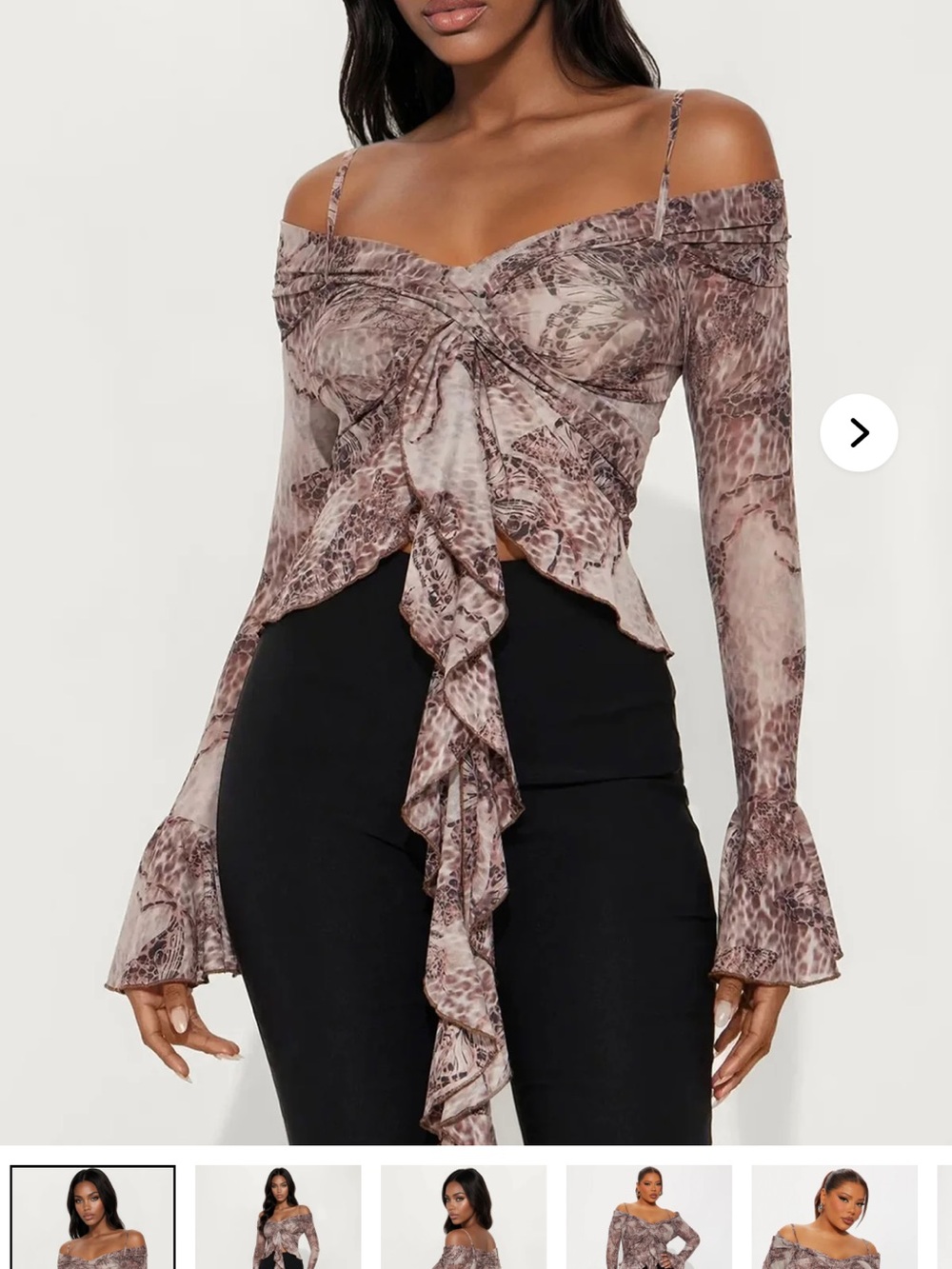 Fashion Nova Taupe Snake-Print Off-Shoulder Ruffle Top